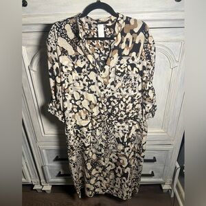Les Copains‎ Animal Print Drawstring Cargo Pocket Silk Button Down Shirt Dress